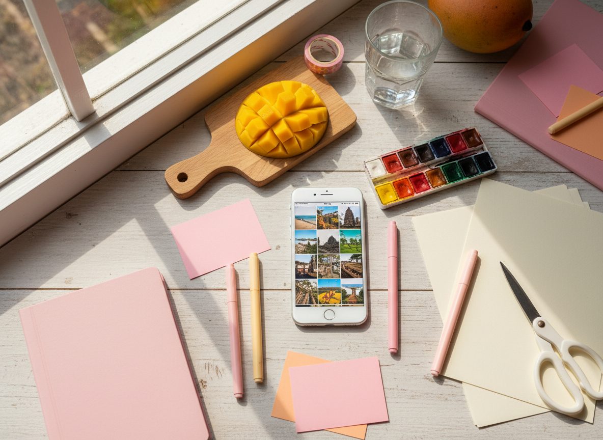 Desk with a phone showing scheduled posts